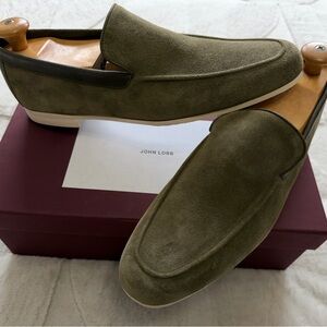 NEW! $1,100 John Lobb Tyne LP Summer Walk Suede Men's Loafers Olive Green 10